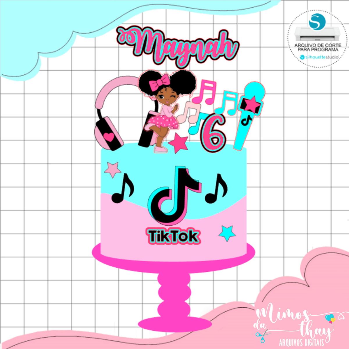 Arquivo de Corte: Topo de Bolo Menina Cacheada Tik Tok 008