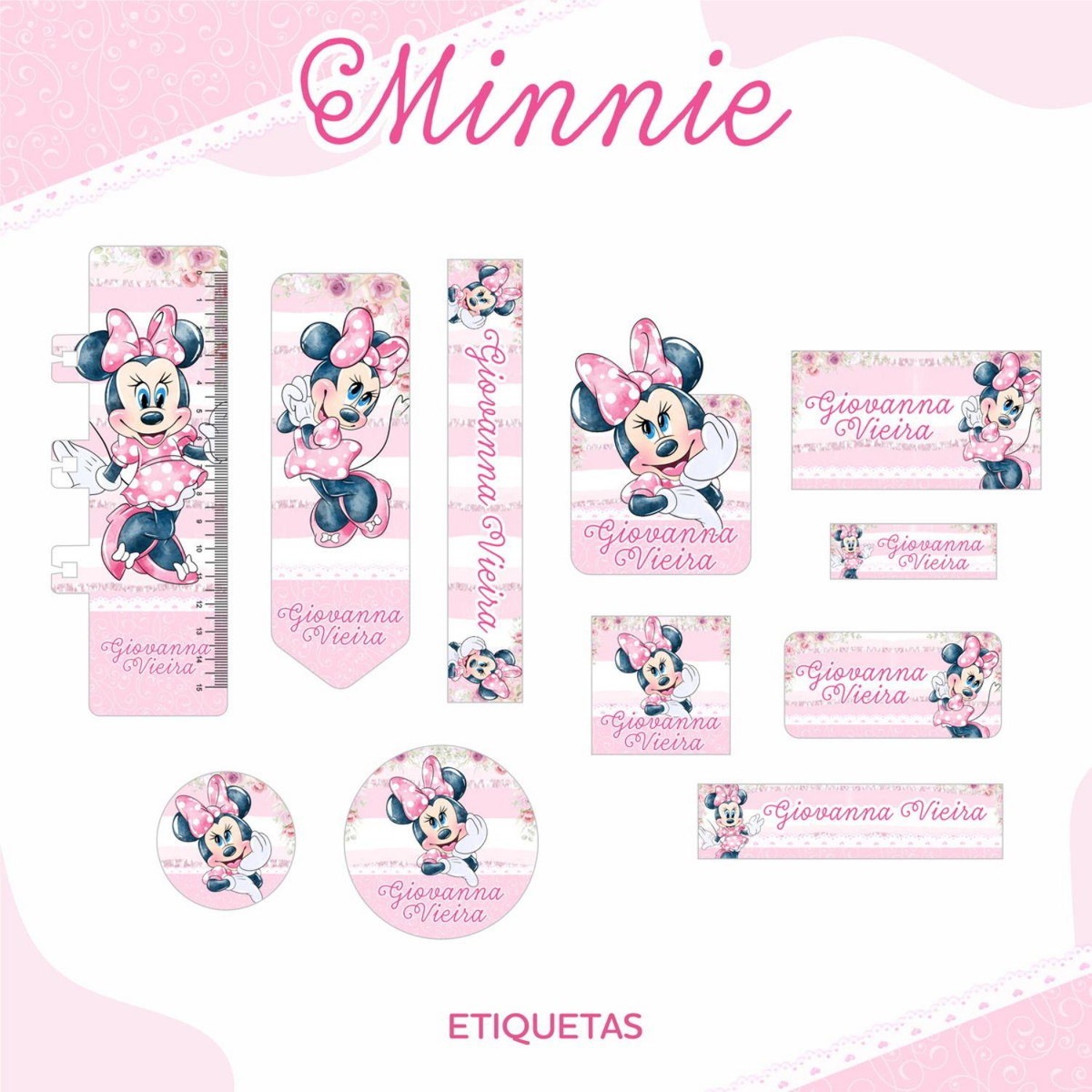 Arquivo Etiqueta Escolar Minnie Rosa #2814 Studio e pdf - Imagem 2