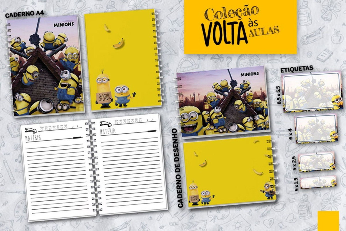 Arquivo Kit Encardenação/etiqueta Escolar Minions #15749