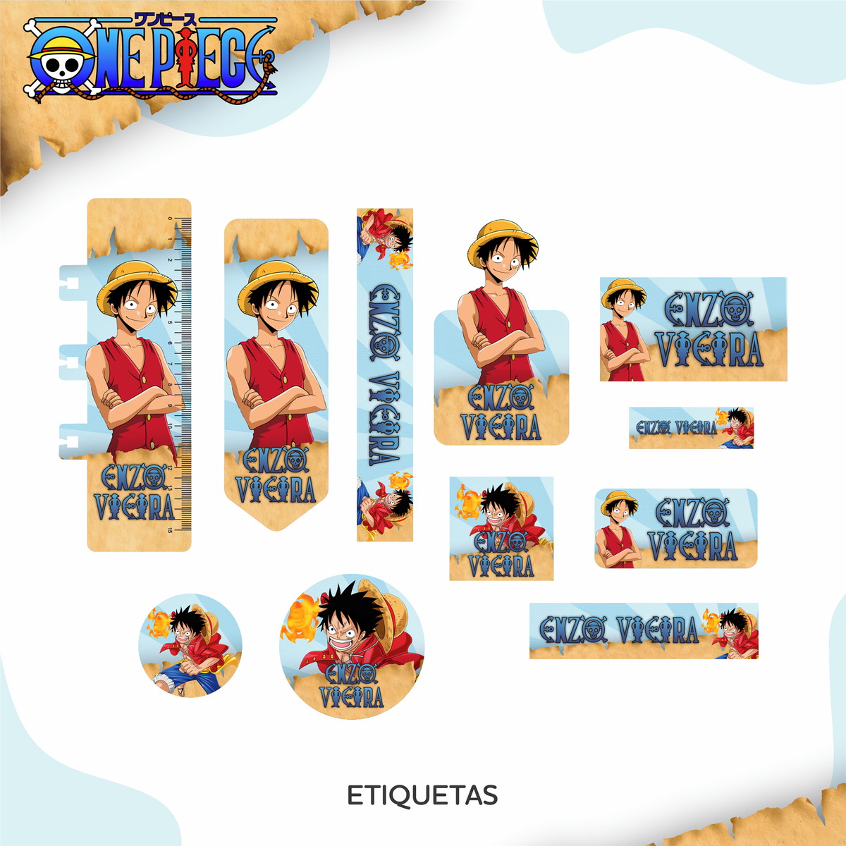 Kit c/ 5 Arquivos: 13 - KIT ESCOLAR ETIQUETAS ONE PIECE - Imagem 2