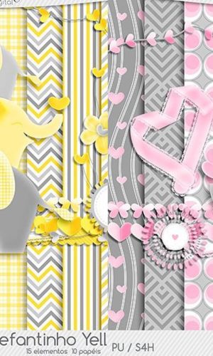 Kits digitais elefante rosa e amarelo